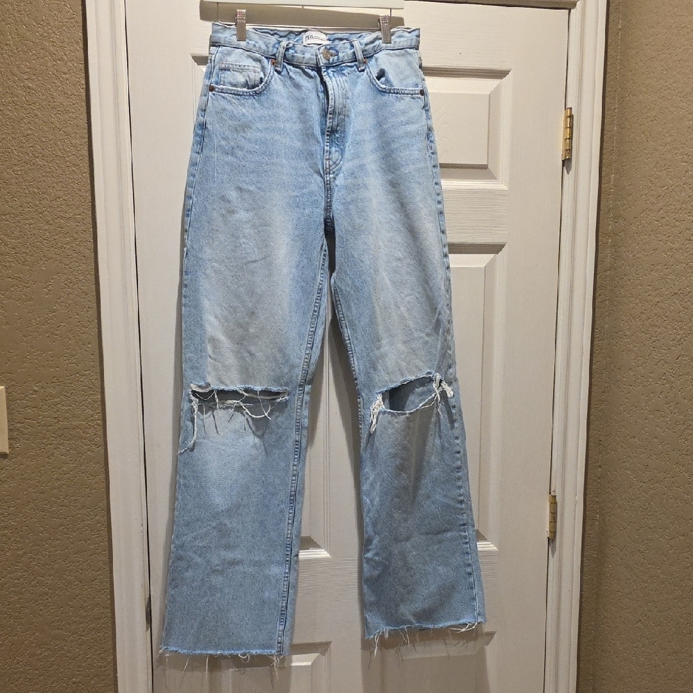 Zara Light Blue Ripped Straight Leg Jeans